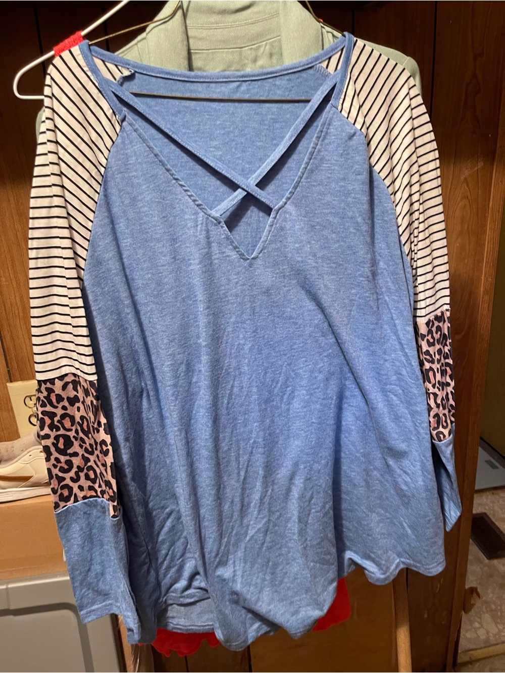 Striped Sleeve Blue striped Crisscross leopard print Women's Top